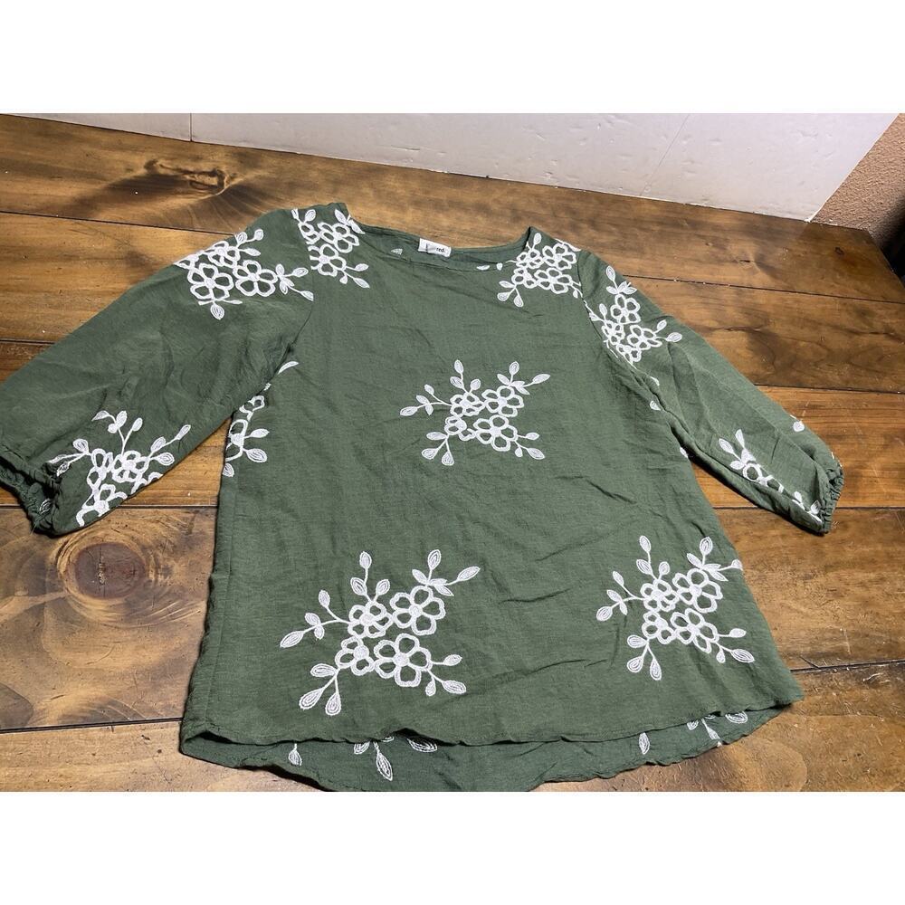 Kindred Petite Womens Embroided Tunic Blouse Top Size PM Green